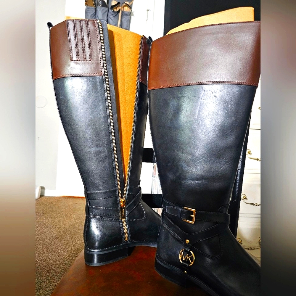 color block black & brown, tall equestrian styled boots, size5/5 - Picture 1 of 5